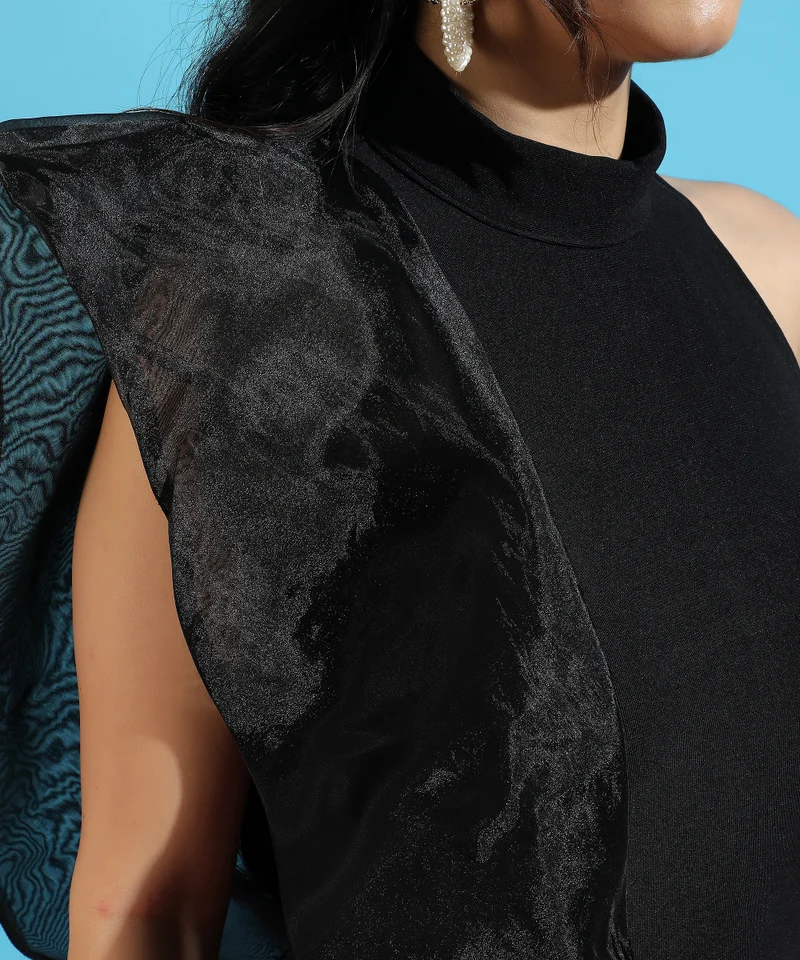 Pinacolada  Women's Obsidian Black Asymetrical Dress With Organza Detail For Casual Wear | Mock Neck | No Sleeves | Zipper Closure | Dress Designed With Comfortable Fit For Woman & Girls for Women | Best Price UAE